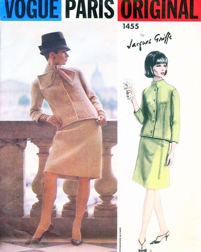 1960s CHIC Jacques Griffe Suit Pattern VOGUE PARIS Original 1455  Jacket and Skirt with Scarf Bust 32 Vintage Sewing Pattern  + Label