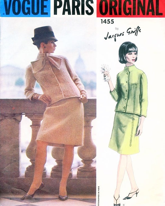 1960s STYLISH Jacques Griffe Suit Pattern VOGUE PARIS Original 1455  Jacket and Skirt with Scarf Bust 36 Vintage Sewing Pattern