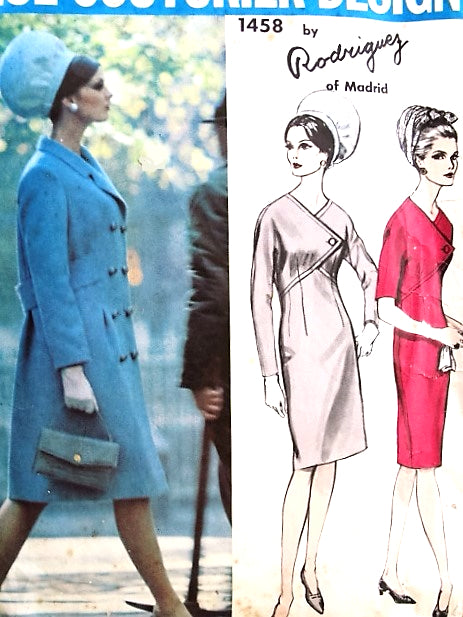 1960s ELEGANT Rodriguez Coat and Dress Pattern VOGUE Couturier Design 1458 Day or Cocktail Evening Slim Dress Double Breasted Coat Bust 34 Vintage Sewing Pattern FACTORY FOLDED