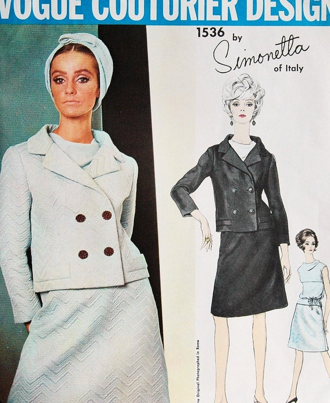 1960s SIMONETTA 3 Pc Suit Pattern Vogue Couturier Design 1536 Double Breasted Jacket  A Shape Skirt Lovely Cowl Neck Blouse Vintage Sewing Pattern