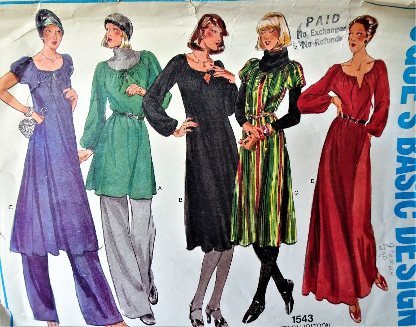 1970s FAB BOHO Dress, Tunic and Pants Pattern VOGUE Basic Design 1543 Three Lengths, Easy To Sew,Bust 32 Vintage Sewing Pattern