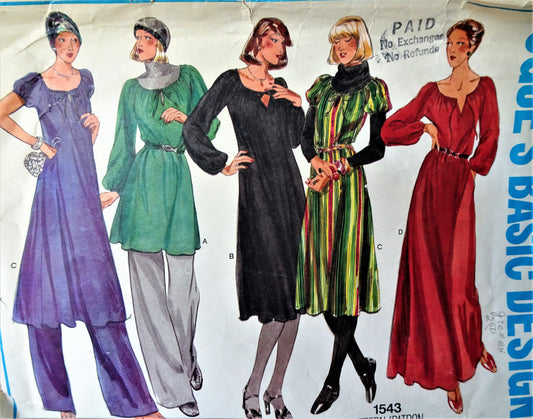 1970s FAB BOHO Dress, Tunic and Pants Pattern VOGUE Basic Design 1543 Three Lengths, Easy To Sew,Bust 32 Vintage Sewing Pattern