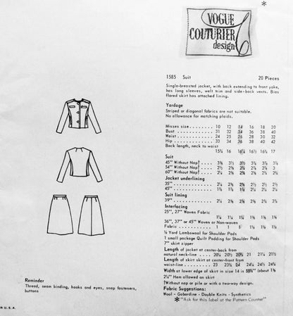 1960s MOD John Cavanagh Suit Pattern VOGUE COUTURIER DESIGN 1585 Fitted Jacket Bias Flared Skirt Bust 32 Vintage Sewing Pattern UNCUT