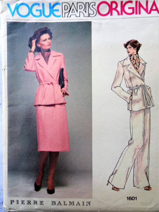 1970s CLASSY Pierre Balmain 3 Pc Suit Pattern VOGUE Paris Original 1601 Wrap Jacket,Slim Skirt and Straight Pants, Bust 36 Vintage Sewing Pattern FF