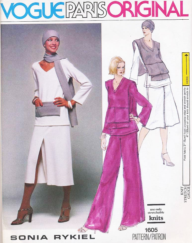 70s VOGUE Paris Original Pattern 1605 Designer Sonia Rykiel Top, Vest, Skirt, Pants, Pocket Belt, Hat and Scarf , Bust 30 Vintage Sewing Pattern