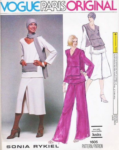 70s VOGUE Paris Original Pattern 1605 Designer Sonia Rykiel Top, Vest, Skirt, Pants, Pocket Belt, Hat and Scarf , Bust 30 Vintage Sewing Pattern