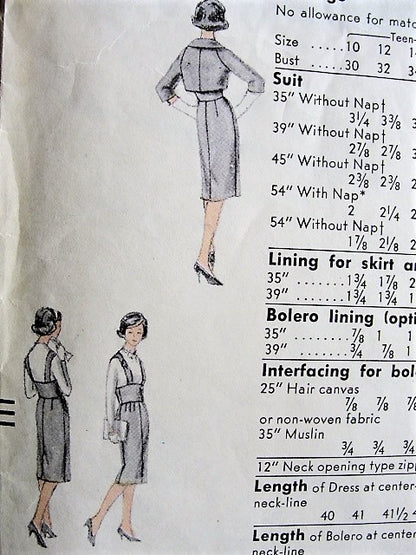 Late 50s Slim Suit Pattern VOGUE 1634 High Midriff Waist Suspender Pencil Skirt and Short Bolero Jacket, Day or After 5 Elegance Bust 31 Vintage Sewing Pattern
