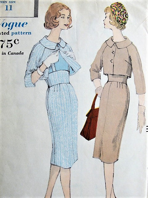 Late 50s Slim Suit Pattern VOGUE 1634 High Midriff Waist Suspender Pencil Skirt and Short Bolero Jacket, Day or After 5 Elegance Bust 31 Vintage Sewing Pattern