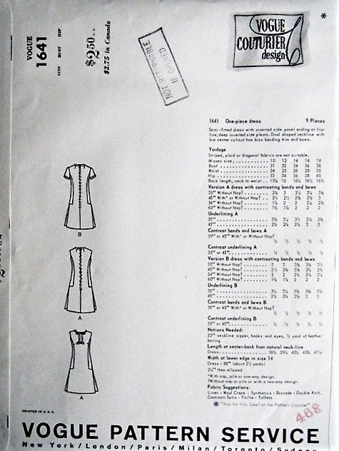 1960s CLASSY Mod FABIANI Cocktail Party Evening Dress Pattern VOGUE Couturier Design 1641 Bust 32 Vintage Sewing Pattern FACTORY FOLDED