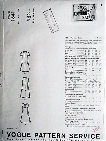 1960s CLASSY Mod FABIANI Cocktail Party Evening Dress Pattern VOGUE Couturier Design 1641 Bust 32 Vintage Sewing Pattern FACTORY FOLDED