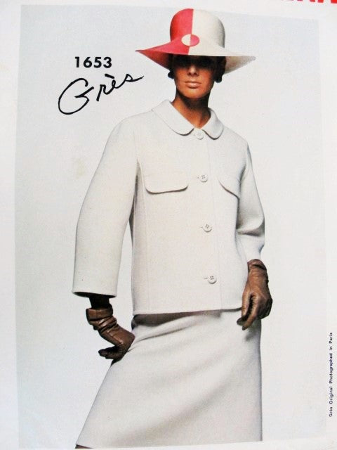 1960s GRES Stylish Suit and Blouse Pattern VOGUE Paris Original 1653 Boxy Jacket A Line Skirt Tuck In Blouse and Belt, Bust 31 Vintage Sewing Pattern