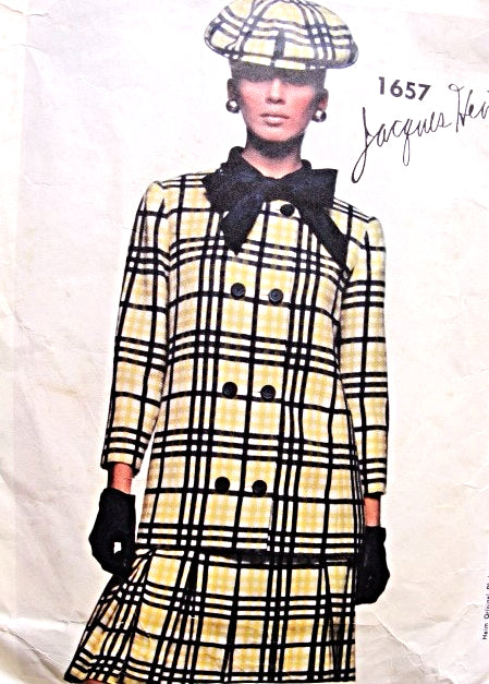1960s Mod Jacques Heim Suit and Blouse Pattern VOGUE PARIS ORIGINAL 1657 Box Pleated Skirt Hip Length Straight Double Breasted Jacket Bust 31 Vintage Sewing Pattern