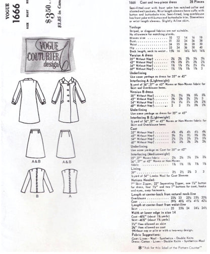1960s MOD Ronald Paterson Coat and 2 Pc Dress Pattern VOGUE Couturier Design 1666 Day or After Five Fashion Bust 32 Vintage Sewing Pattern FACTORY FOLDED