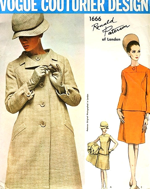 1960s MOD Ronald Paterson Coat and 2 Pc Dress Pattern VOGUE Couturier Design 1666 Day or After Five Fashion Bust 32 Vintage Sewing Pattern FACTORY FOLDED