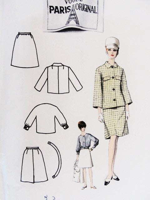 1960s GRES Stylish Suit and Blouse Pattern VOGUE Paris Original 1653 Boxy Jacket A Line Skirt Tuck In Blouse and Belt, Bust 31 Vintage Sewing Pattern