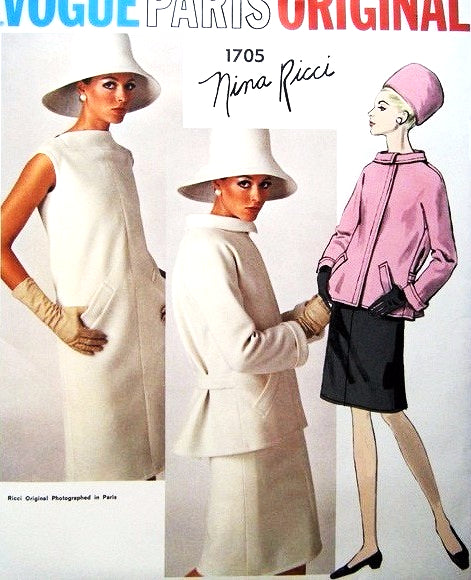 1960s Mod NINA RICCI Dress and Jacket Pattern VOGUE PARIS ORIGINAL 1705 Slim Bias Shift Dress Fab Jacket Daytime or Evening Bust 31 Vintage Sewing Pattern