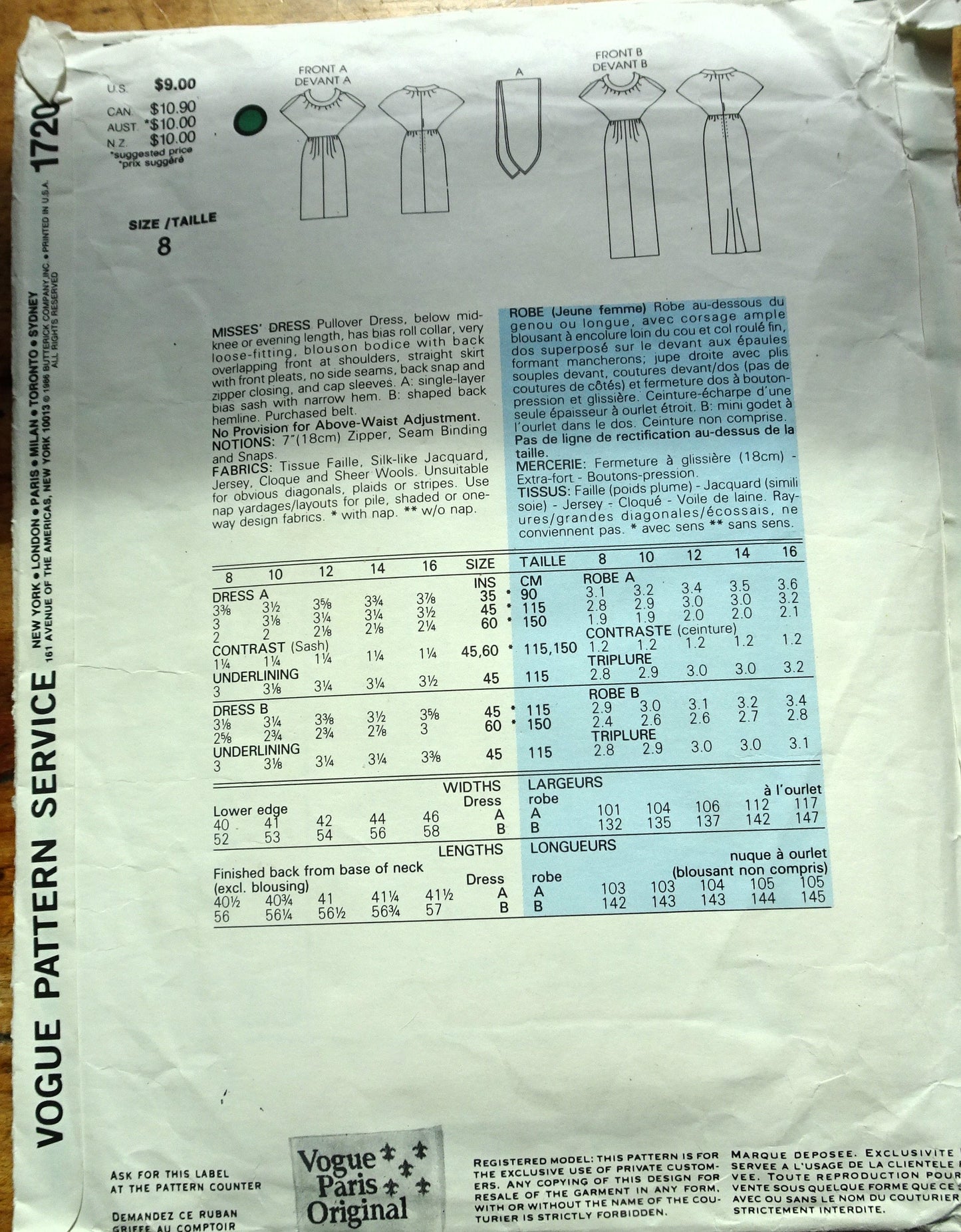 FABULOUS 1980s Yves Saint Laurent Evening Cocktail Dress Pattern VOGUE Paris Original 1720, Bust 31 Vintage Sewing Pattern UNCUT