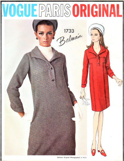1960s BALMAIN Slim Shirt Dress Pattern VOGUE PARIs Original 1733 Lovely Day Dress, Optional Dickey Bust 31 Vintage Sewing Pattern
