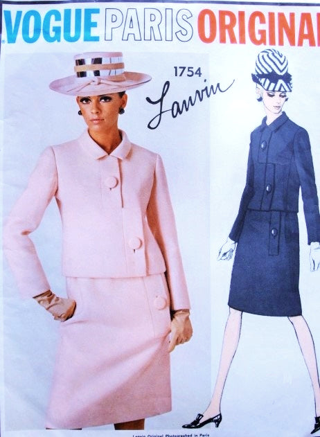 1960s Chic  LANVIN Suit Pattern VOGUE PARIS Original 1754 Interesting Jacket Design, Step Effect Closing, Slim Skirt Bust 31 Vintage Sewing Pattern
