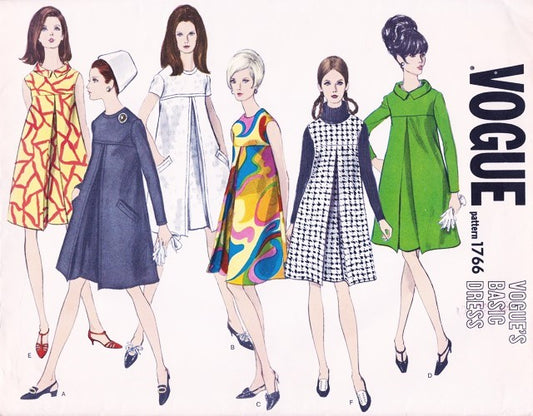 MOD 1960s Baby Doll Dress Pattern VOGUE Basic Design 1766 Front Inverted Pleat Day To Evening All Seasons Dress Bust 32 Vintage Sewing Pattern