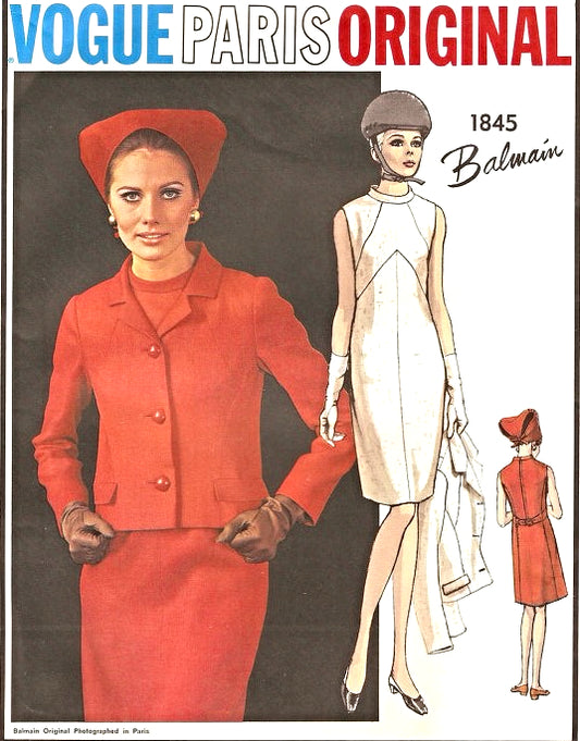 MOD 60s BALMAIN Dress and Jacket  Pattern VOGUE PARIS Original 1845 Geometric Sheath Dress Fitted Jacket Bust 32 Vintage Sewing Pattern FACTORY FOLDED