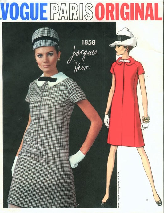 1960s MOD Slim Jacques Heim Dress Pattern VOGUE Paris Original 1858 A-Line Dress Peter Pan Collar Bust 34 Vintage Sewing Pattern FACTORY FOLDED
