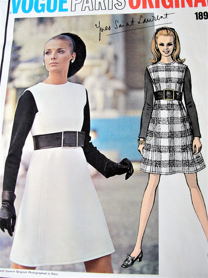1960s MOD Yves Saint Laurent Day or Cocktail Party Dress Pattern VOGUE Paris Original 1896 Fabulous 2 Tone Dress,Bust 31 Vintage Sewing Pattern