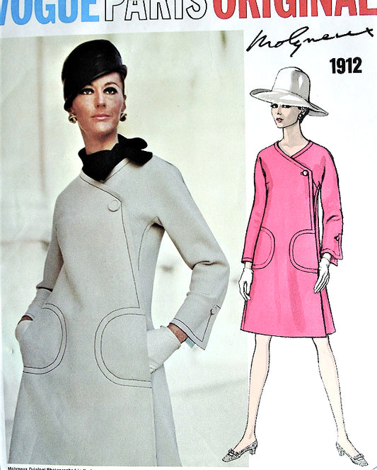 1960s MOD Molyneux UNIQUE Design Dress Pattern VOGUE Paris Original 1912 Side Wrapped Look, Two Versions With Dickey or Not Bust 38 Vintage Sewing Pattern FACTORY FOLDED + Sew In Label
