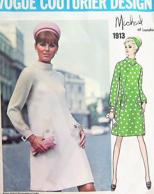 Mod 60s Dress Pattern VOGUE COUTURIER Designer 1913 Back Tied Cowl Neck Dress,Michael of London Bust 38 Vintage Sewing Pattern FACTORY FOLDED