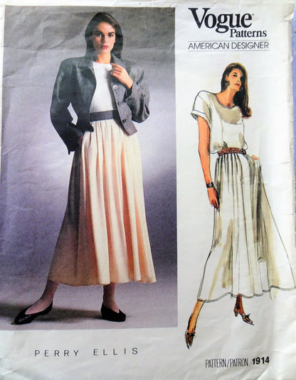 1980s PERRY ELLIS Lovely Jacket,Skirt and Top Pattern VOGUE American Designer 1914 Bust 34 Vintage Sewing Pattern