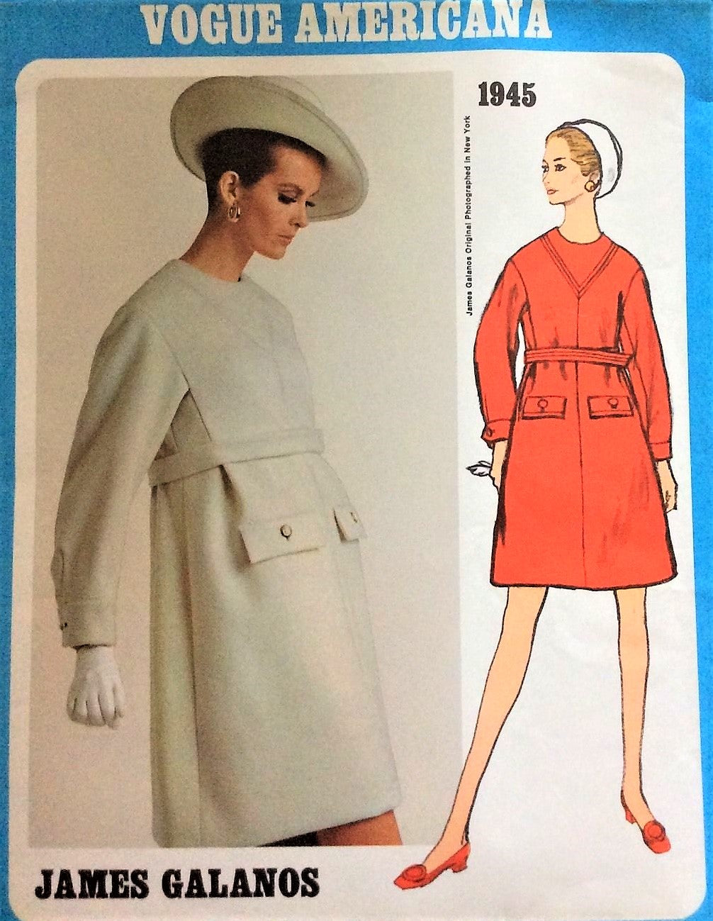 1960s MOD Galanos Dress Pattern VOGUE Americana 1945 Unique Design Day or After 5 Bust 32 Vintage Sewing Pattern