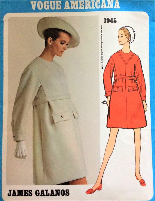 1960s MOD Galanos Dress Pattern VOGUE Americana 1945 Unique Design Day or After 5 Bust 32 Vintage Sewing Pattern