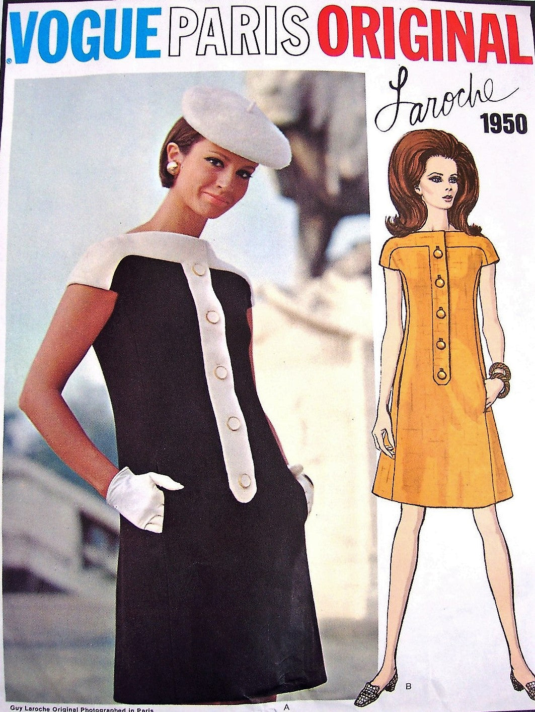 1960s MOD Laroche Dress Pattern VOGUE Paris Original 1950 Bateau Neckline  Cap Sleeves Slightly a Line Dress Bust 34 Vintage Sewing Pattern