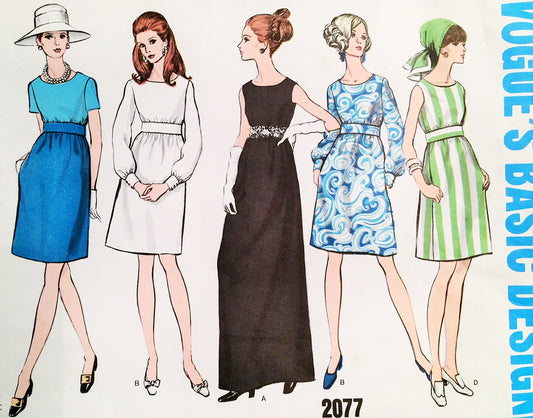1960s MOD Day or Evening Maxi Dress Pattern VOGUE Basic Design 2077 Slightly High waist Dress 5 Versions Bust 34 Vintage Sewing Pattern