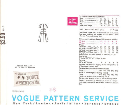 1960s FAB Jewel Neckline Dress Pattern VOGUE Americana 2080 Semi Fitted A Line, Inverted Side Back Pleats Bust 31 Vintage Sewing Pattern FACTORY FOLDED