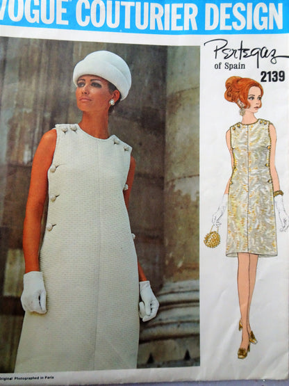 STUNNING 1960s Pertegaz Day or Cocktail Party Dress Pattern VOGUE Couturier Design 2139 Sheer Elegance, Button Interest Slim Dress Bust 36 Vintage Sewing Pattern FACTORY FOLDED