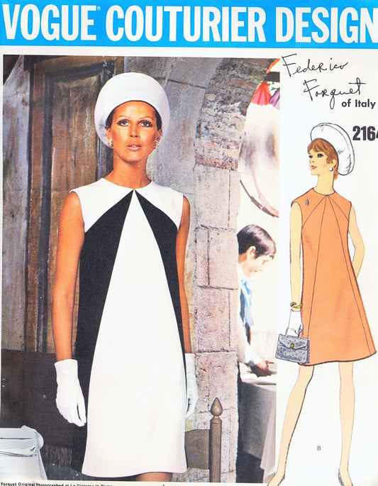 1960s MOD Federico Forquet Dress Pattern VOGUE COUTURIER DESIGN 2164 Color Block Mondrian Version Jewel Neckline Dress Bust 36 Vintage Sewing Pattern FF