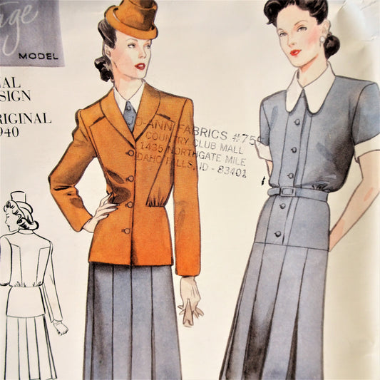 Retro 1940 Jacket, Dress & Belt  Pattern Original 1940 Design Vintage Vogue 2196 Reissued in 1998 Fabulous 1940s Pattern, Bust 32 Vintage Sewing Pattern FF