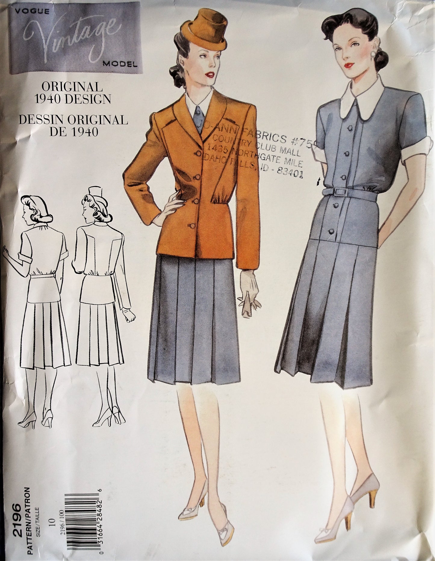 Retro 1940 Jacket, Dress & Belt  Pattern Original 1940 Design Vintage Vogue 2196 Reissued in 1998 Fabulous 1940s Pattern, Bust 32 Vintage Sewing Pattern FF