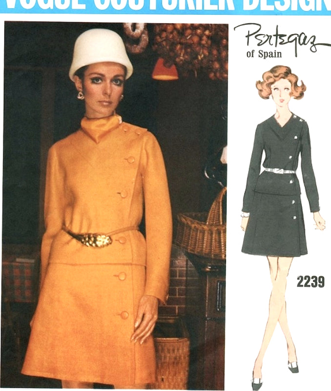 FAB Mod Uncut Vintage 1960s Vogue Couturier Design 2239 Designer Pertegaz Two Piece Dress, Over-Blouse and A-line Skirt Sewing Pattern Size 10