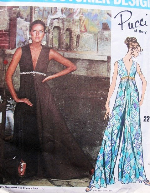 1960s Mod PUCCI Culotte Maxi Gown Pattern VOGUE COUTURIER DESIGN 2249 Deep V Necklines High Waist Evening Gown or Lounging Pantdress Palazzo Jumpsuit Bust 32 Vintage Sewing Pattern