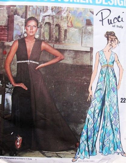 1960s Mod PUCCI Culotte Maxi Gown Pattern VOGUE COUTURIER DESIGN 2249 Deep V Necklines High Waist Evening Gown or Lounging Pantdress Palazzo Jumpsuit Bust 32 Vintage Sewing Pattern