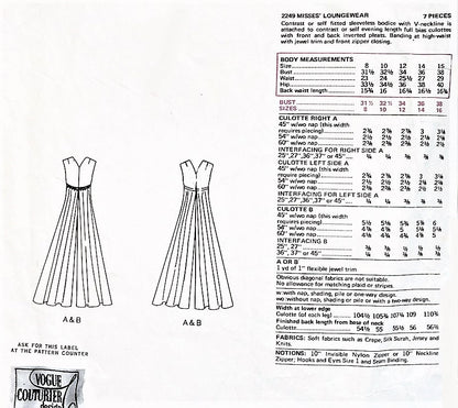 1960s Mod PUCCI Culotte Maxi Gown Pattern VOGUE COUTURIER DESIGN 2249 Deep V Necklines High Waist Evening Gown or Lounging Pantdress Palazzo Jumpsuit Bust 32 Vintage Sewing Pattern