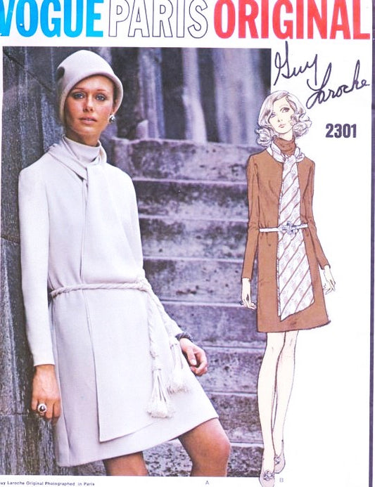 70s CLASSY Guy Laroche Slim Dress and Scarf Pattern VOGUE PARIS ORIGINAL 2301 Flattering Cowl Neckline Day or after 5 Dress Bust 38 Vintage Sewing Pattern FACTORY FOLDED