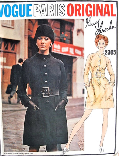 1960s MOD Guy Laroche Dress Pattern VOGUE PARIS Original 2305 Day or Evening Cocktail Party Belted Dress Bust 34 Vintage Sewing Pattern