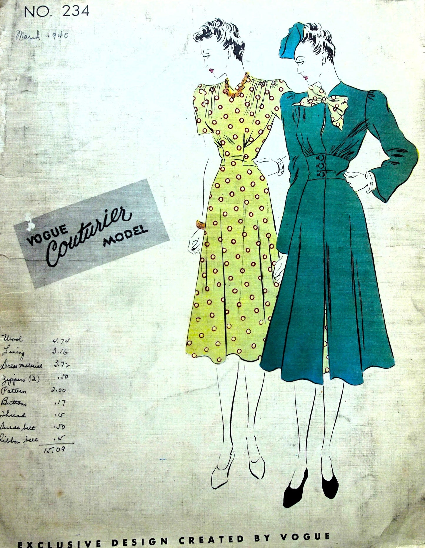 RARE Late 1930s FABULOUS Dress and Coat Pattern VOGUE Couturier Model 234 Beautiful Styles Bust 32 Vintage Sewing Pattern