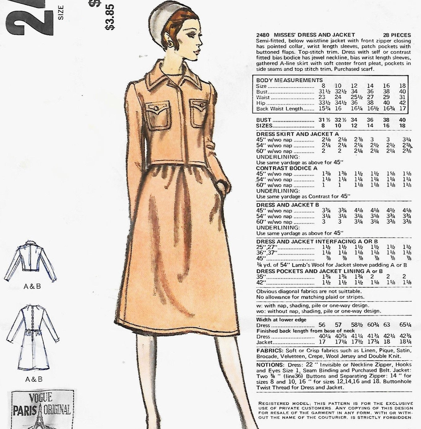 1970s ELEGANT Nina Ricci Dress and Short Jacket Pattern VOGUE PARIS Original 2480  Bust 34 Vintage Sewing Pattern