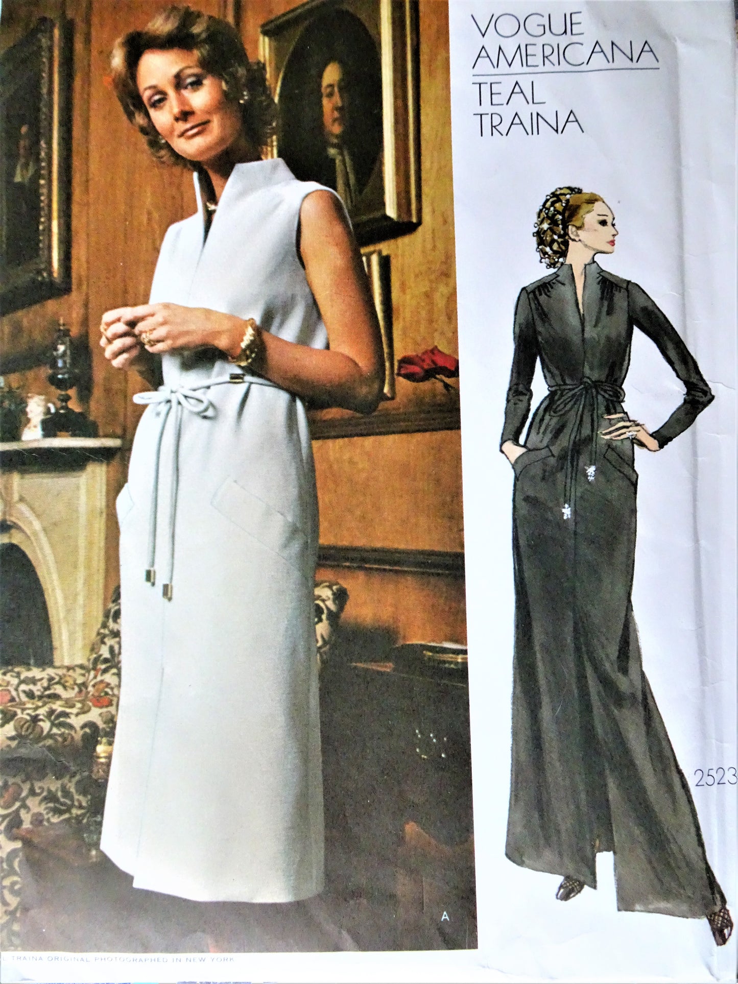 1970s CLASSY Day or Evening Dress Pattern VOGUE Americana 2523 Teal Traina Slim Easy Elegance ,Slit Neckline, Bust 34 Vintage Sewing Pattern FACTORY FOLDED