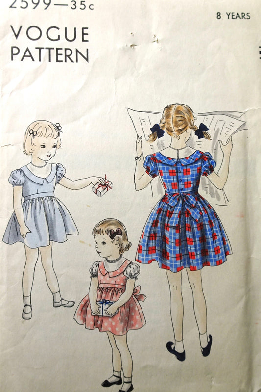 1950 Girls Puff Sleeve Dress Pattern VOGUE 2599 Sweet Style Size 8 Children's Vintage Sewing Pattern