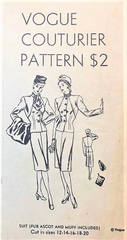 1940s CHIC Slim Suit Fur Ascot and Muff Pattern VOGUE COUTURIER Design 259 Bust 34 Stunning Slim Skirt Suit and Fab Accessories Vintage Sewing Pattern
